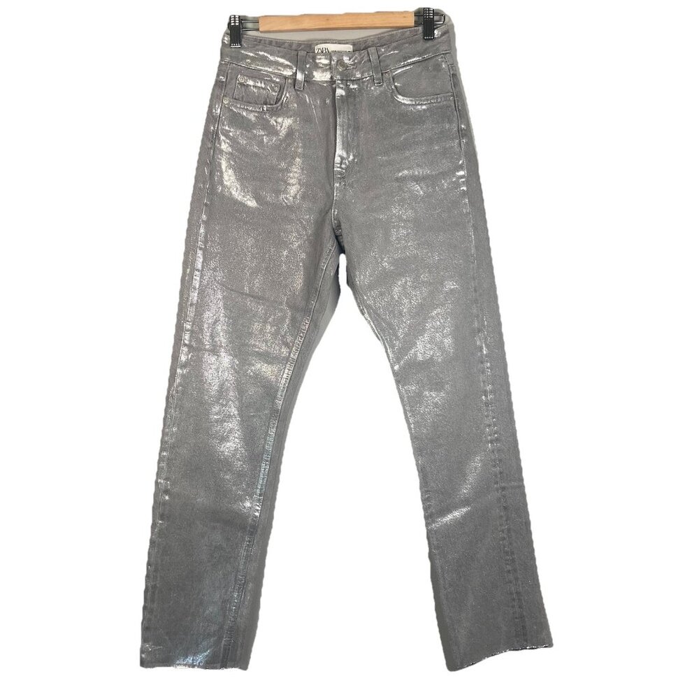 ZARA ZW THE METALLIC‎ JEANS PANTS SILVER Size 4 Party Going Out Date Night